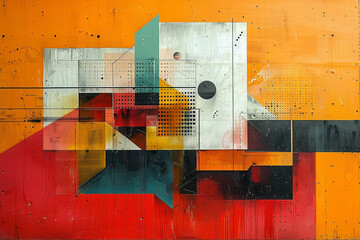 Bold orange backdrop complementing dynamic geometric patterns, imbuing the composition with energy and excitement.