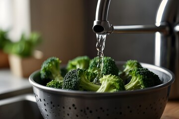 Woman washing fresh green broccoli in metal colander under tap water, closeup view. Space for text
