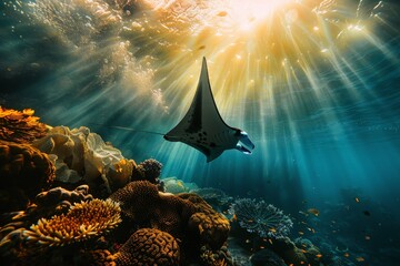 A graceful manta ray gliding through a crystal clear coral reef sunlight filtering through the water.