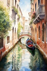 A romantic gondola ride along a peaceful canal lined with lush greenery