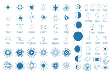 Set of astrological esoteric horoscope symbols. Minimalistic stars, abstract suns, pictograms of elements and elements, glyphs of planets, names and symbols of zodiac signs, phases of the moon
