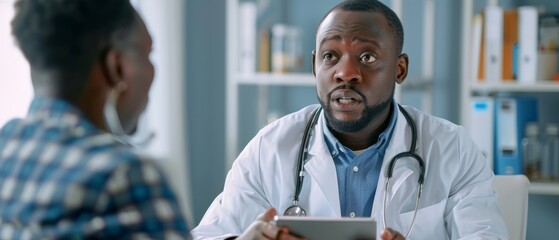 Using tablet computer, African American physician discusses test results, prescription medicine, patient treatment with professional male nurse. - Powered by Adobe