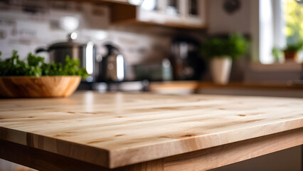 Wooden deck cutting board on kitchen blur background