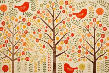 Trees, Birds, and Leaves Painting background 