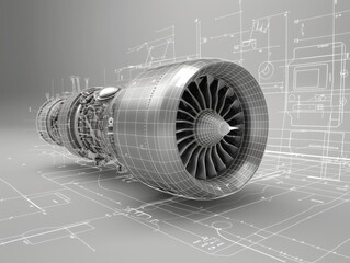 Wireframe plan of Airplane jet engine motors with propellers technology - obrazy, fototapety, plakaty