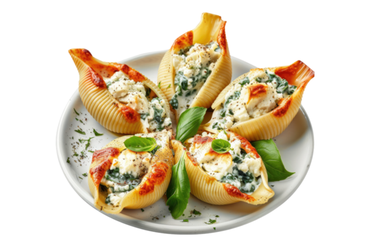 Front view of ricotta stuffed shells Isolated on transparent background