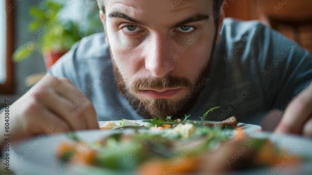 Poster a man practices mindful portion control taking only what he knows he will truly enjoy and stopping w