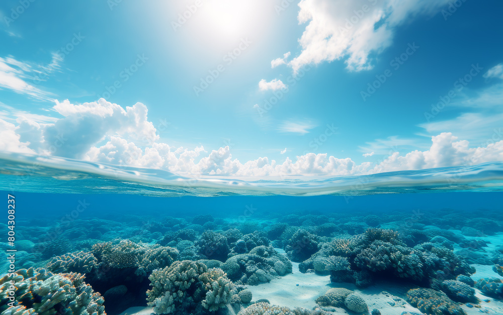 Poster underwater view of coral reef and ocean surface with sunbeams, marine ecosystem. generative ai