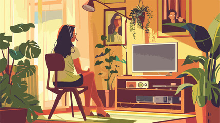 Young woman video chatting at home Vector illustratio