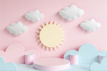 Pink Wall With Clouds and Sun
