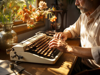 A person typing on a vintage typewriter, with sunlight casting a warm glow across the wooden desk, flowers in a vase nearby adding a touch of color. Generative AI