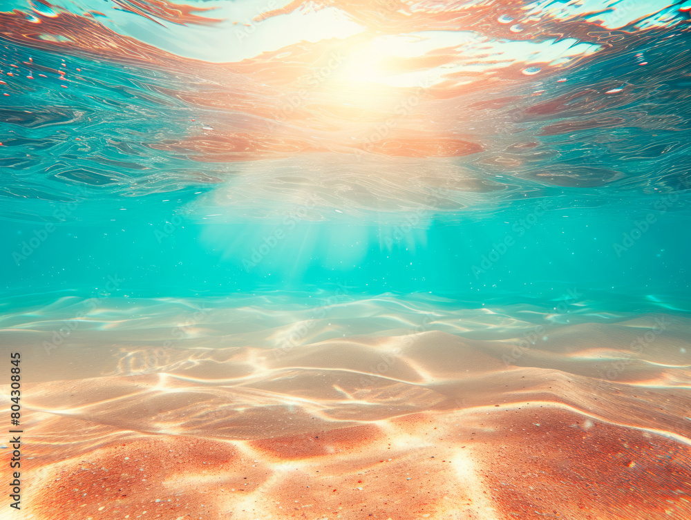 Poster Sun rays filtering through water onto sandy seabed. Ocean light and texture concept. Generative AI