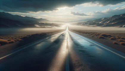 A serene desert road leading toward a dramatic mountain range under a breaking cloud cover, concept...