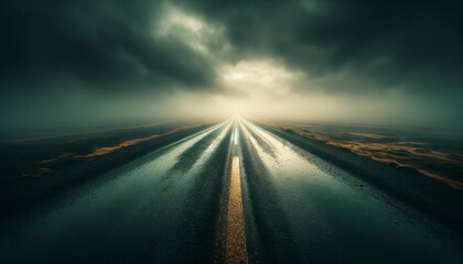 An ominous road leading to a bright horizon, grass on sides, under a stormy sky, conveying a moody journey concept. Generative AI