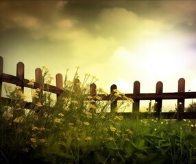 Obraz premium Warm Golden Sunset Over Rustic Wooden Fence and Wildflowers Field