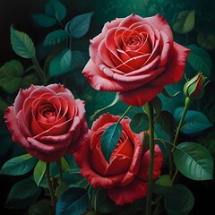 Abstract background of red roses, bouquet of roses, similar to ruby, green leaves in the background of roses, red roses