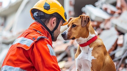 Emergency rescue team with search dog mobilizing to find survivors in rubble after disaster