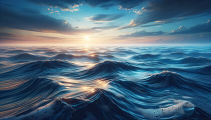 A digital artwork showcasing vibrant ocean waves under a sunset sky, set on a photorealistic background, evoking the concept of nature's beauty. Generative AI