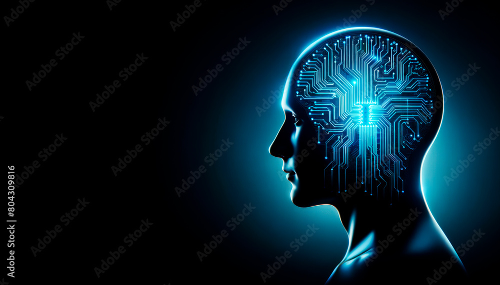 Poster silhouette of a human head with a digital brain circuit on a dark blue background, concept of artifi