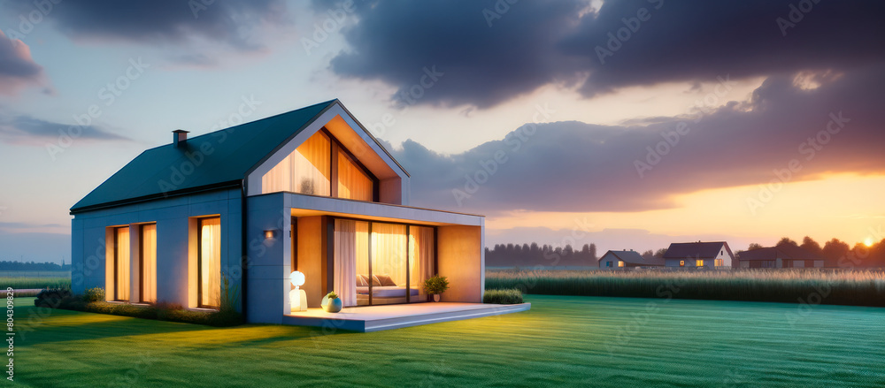 Poster modern house at dusk with illuminated windows, set against a sunset sky, concept of architecture. ge