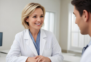 A woman in a white lab coat is talking to a man in a white coat. The woman is smiling and the man is looking at her