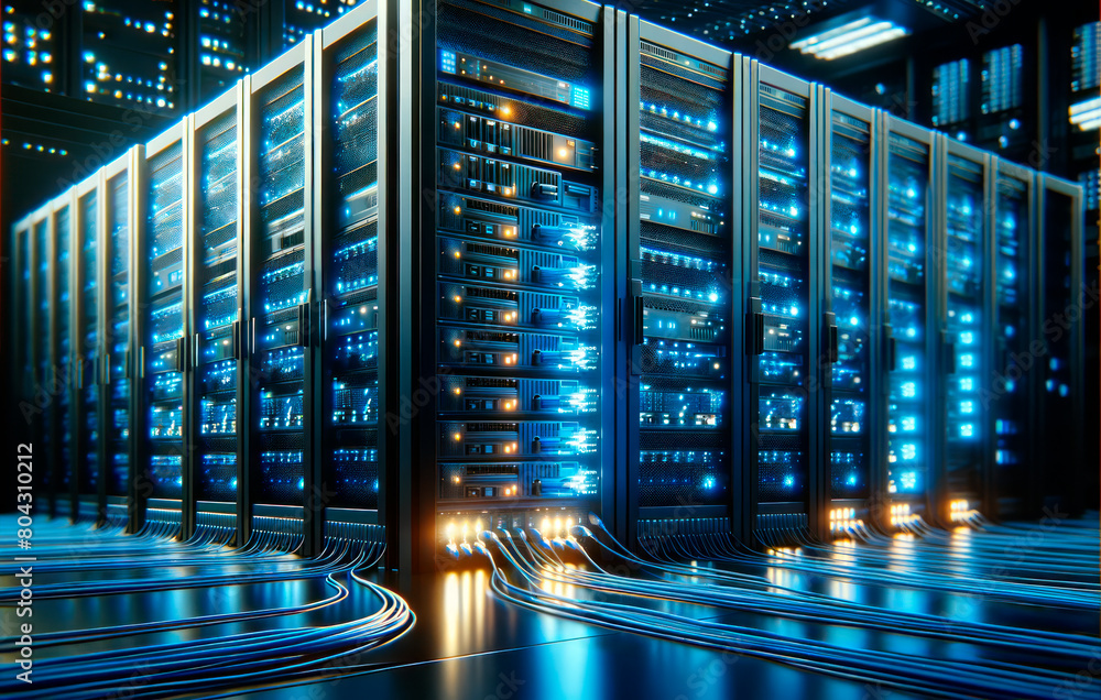 Poster Rows of server racks in a data center with blue LED lights on a dark background, symbolizing network infrastructure. Generative AI