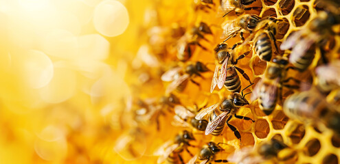 Bees in honeycomb closeup, queen bee among the bees on yellow background with text copy space