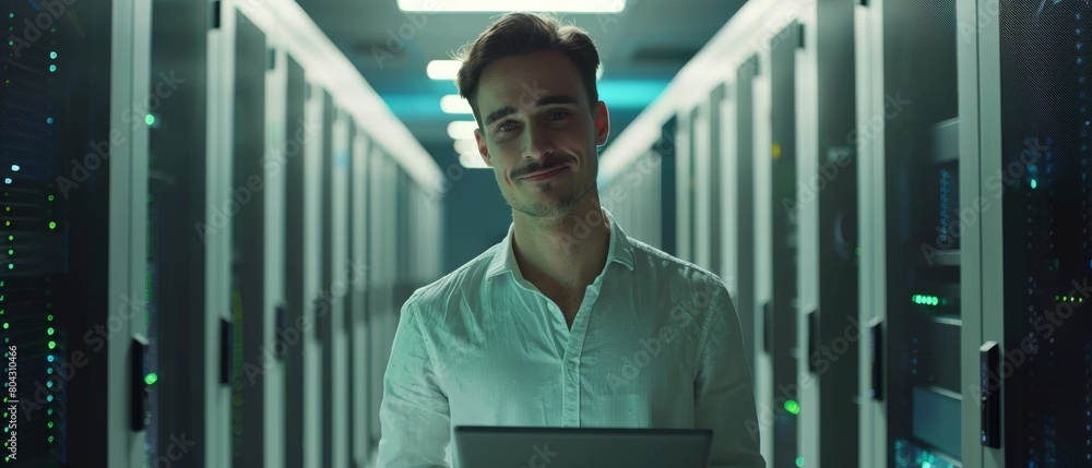 Poster stunning portrait of handsome e-business engineer using tablet computer in huge server farm. success