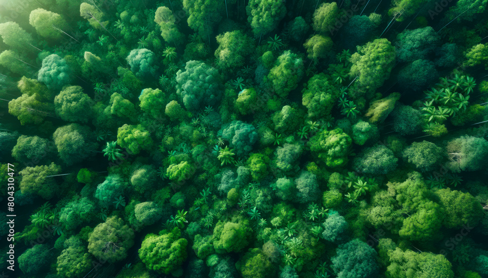Poster aerial view of a dense green forest, showing a variety of trees and foliage textures on a dark backg