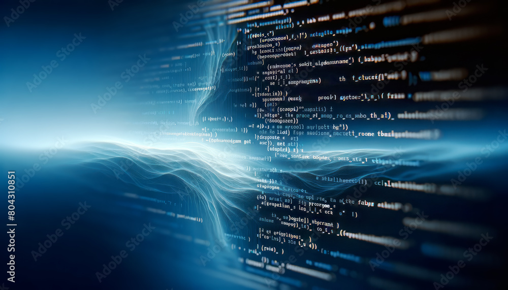 Poster Digital code flowing over a blue background, symbolizing data or cybersecurity. The concept of digital technology. Generative AI