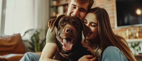 This video shows a happy couple playing with their dog, a gorgeous brown labrador retriever. The couple teases, pets, and scratches the dog in the living room while having fun. - Powered by Adobe