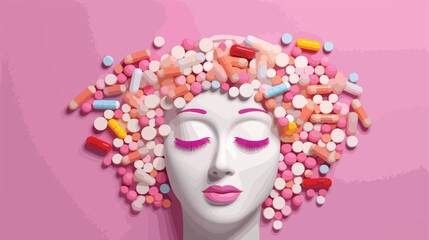 Happy face made of pills on pink background. Banner