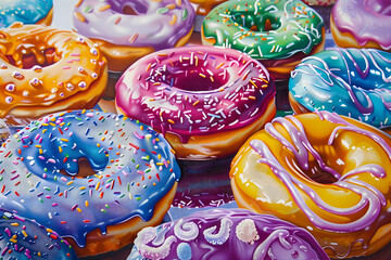 Illustration of an enticing array of donuts, each adorned with a colorful glaze