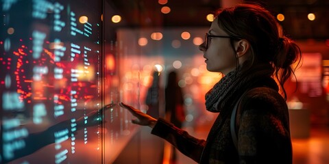 Woman Analyzing Financial Data and Charts on Interactive Exhibit in Futuristic City Skyline at Night