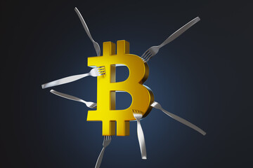 Many silver forks put on a golden bitcoin symbol in dark background. Illustration of the concept of profitable investment and increasing prices of cryptocurrencies