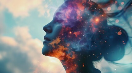 Cosmic Dream. A surreal portrait of a woman with her hair and profile transforming into a vibrant cosmic scene, featuring stars and nebulae in red and blue tones.