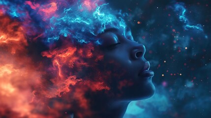 Cosmic Thoughts. A surreal portrait of a woman with a cosmic galaxy merging with her head, symbolizing deep thoughts and the universe within.