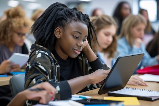 Multi-ethnic students using digital tablet at desk in classroom