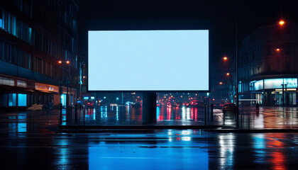 Illuminated blank billboard on a wet urban street at night, ready for advertising messages