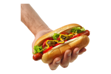 Hand holding hot dog Isolated on transparent background