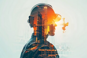 Future building construction engineering project concept with double exposure graphic design. Building engineer, architect people or construction worker working with modern civil equipment technolog