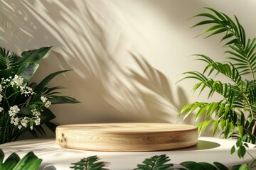 Wooden Tray on Table Next to Potted Plant