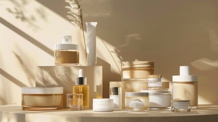 A variety of skincare products on a table with a warm, neutral background.