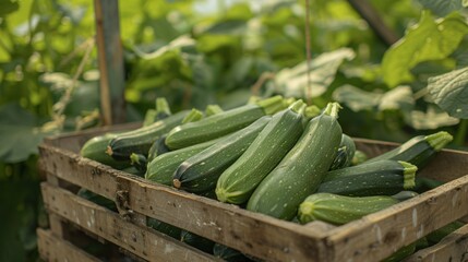Close up view of crate full of fresh picked zucchini in the greenhouse