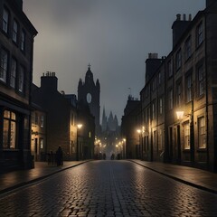 Obraz premium Nighttime aerial view of Edinburgh, Scotland featuring the city's illuminated skyline of buildings. AI generated image of Victoria Street in Edinburgh at night. Generative AI