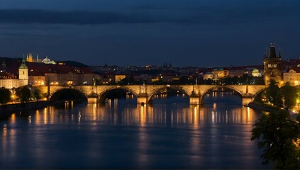 Fototapeta na wymiar Panoramic view of bridges on Vltava river in Prague at night
