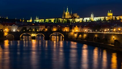 Panoramic view of bridges on Vltava river in Prague at night