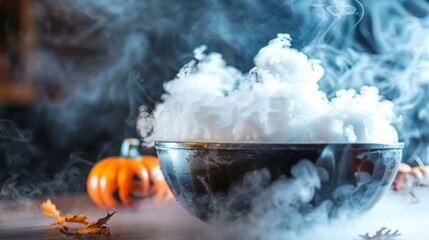 A closeup of a bowl filled with dry ice creating a mysterious and eerie atmosphere at the Halloween party.