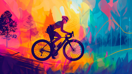 Colorful abstract illustrationg of cycling. Concept of active lifestyle, fitness technology, healthy living and nature exploration