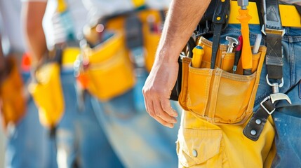 Close-up of construction site worker wearing tool belt at industrial construction site